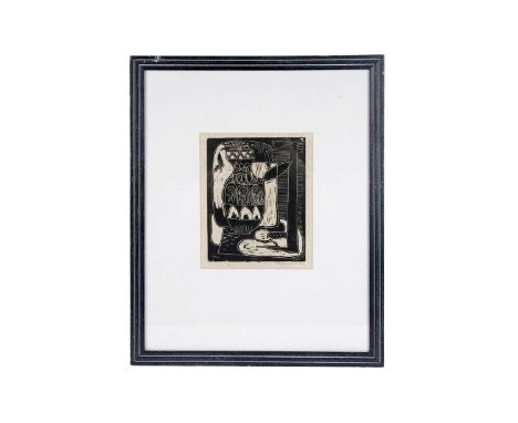 Tadeusz Was (Polish 1912-2005) Still life with vase, signed, soot cut, 22 x 17cms, 54.5 x 44.5cms in frame.Provenance: The Ga