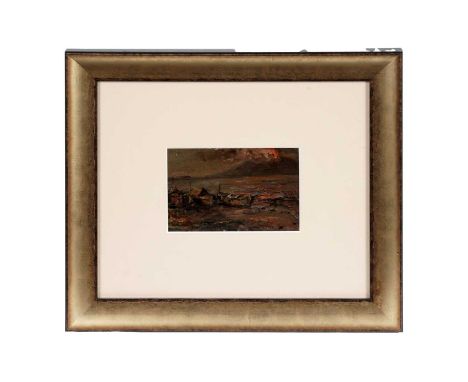 Mid-20th Century Continental School Fishing boats with volcano, indistinctively signed, oil on board, 9.5 x 14.5cms, 31.5 x 3