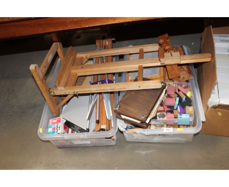 Two boxes containing various stamps, artist easel, marbling inks etc 