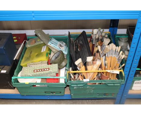 Two boxes containing various sized paint brushes to include Crimson & Blake, Omega, Chinese paint colours etc.