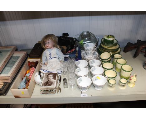 A boxed Pelham puppet, a quantity of Royal Albert 'Silver Maple' tea ware, postcards, glass ware, various other china etc.