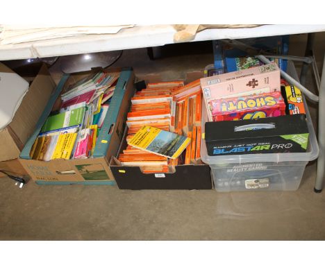 Three boxes containing various books and puzzles, Ordnance Survey maps