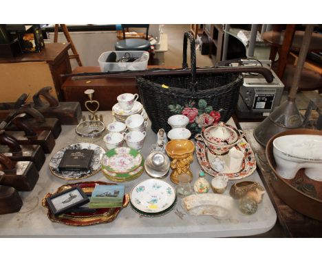 Two walking sticks, a wicker basket, a quantity of various china including Minton, four oil on board studies signed RT, brass