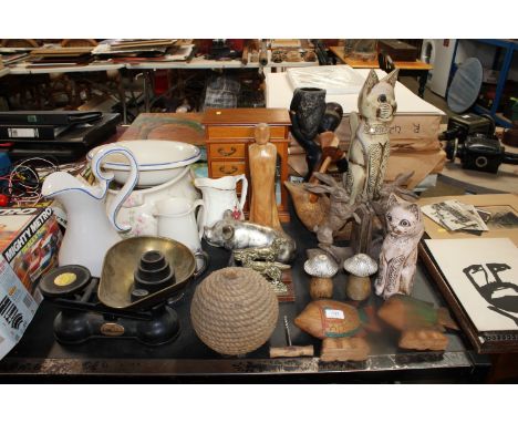 A set of Salter scales and weights, wash jug &amp; bowl, a wooden jewellery box, various wooden ornaments, brass style book e