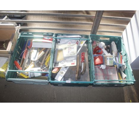 Three boxes containing various brushes, nails, clamps and tools etc 