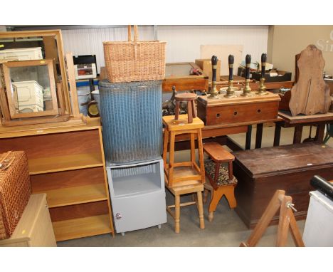 A Loom bedside cabinet; a Loom storage basket; a wicker basket and a quantity of various stools