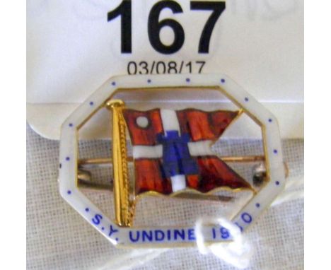 An 18ct gold and enamel burgee brooch with "S.Y. Undine 1930" inscription plus one other 1935