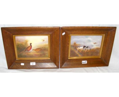 Crown Devon Fieldings hand painted porcelain plaque of pheasants - signed lower right, together with one other plaque of hunt