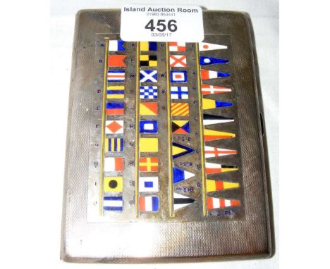 A silver and enamel cigarette case - Birmingam 1941, the engine turned front depicting the range of semaphore flags in enamel