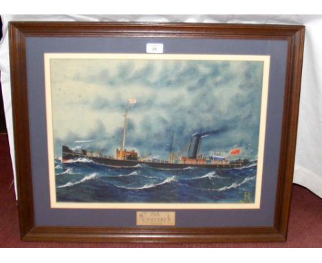 CHARLES C. HYATT - 36cm x 50cm gouache - portrait of the steamship SS "Laverock" - signed with monogram and dated May 1917