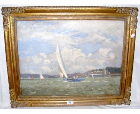 NORMAN WILKINSON - 44cm x 60cm oil on canvas - study of Uffa Fox and Prince Philip in "Cowslip"? off the Royal Yacht Squadron