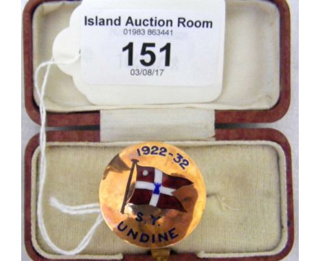 A 9ct gold and enamel lapel badge "S.Y. Undine 1922-32"