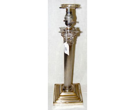 A 46cm high silver plated Corinthian column candlestick converted to lamp