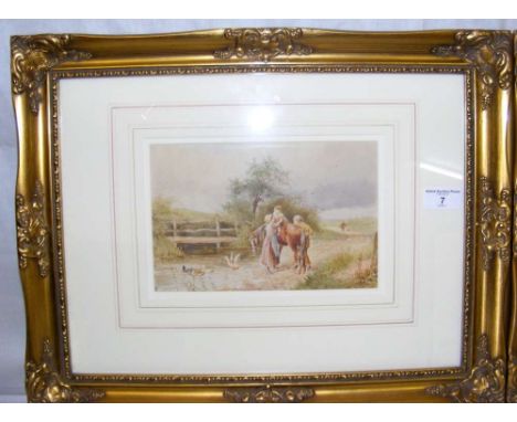 MANNER OF MYLES BIRKET FOSTER - 14.5cm x 22.5cm watercolour - children playing with horse in rural setting - bears monogram B