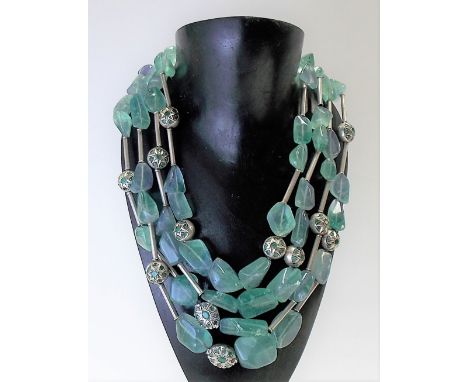 Good contemporary 925 silver aventurine &amp; emerald large bead necklace by Iradj Moini, composed of four rows of aventurine