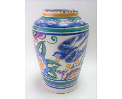 Poole Pottery vase decorated in the HE bluebird pattern shape no. 512, height 8cm (chip to rim)