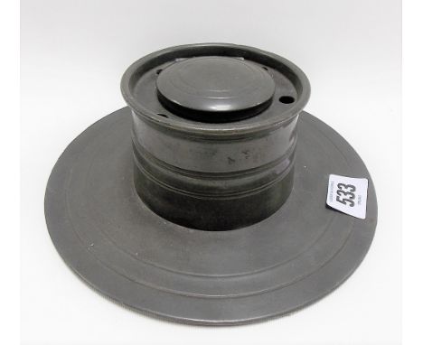 19th Century pewter inkwell with broad circular foot, diameter 20cm.