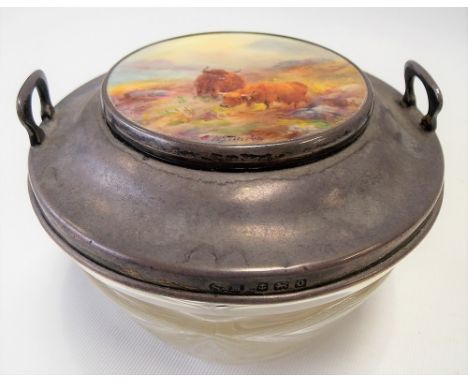 Harry Stinton decorated Royal Worcester silver lidded toilet jar and cover, the circular porcelain inset decorated with two H