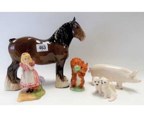 Five Beswick pottery figures, including Alice, no. LC2, Edition 722 of 2005; C H Wallqueen pig model, spotty dog group, Beatr