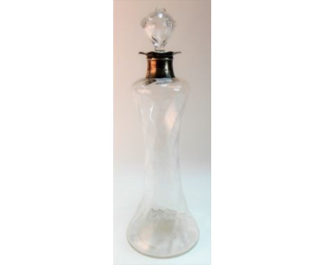 Victorian silver collar wrythen fluted clear glass decanter &amp; stopper, the stopper with five applied prunts, London 1898,