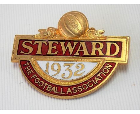 A 1932 Football Association 'STEWARD' gilt metal &amp; enamel badge, London, width 43mm approx.