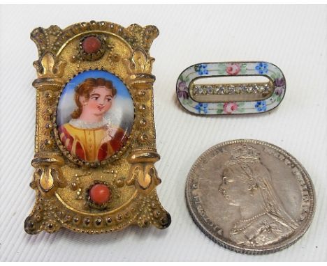 19th Century pinchbeck brooch/pendant with oval porcelain painted portrait panel &amp; coral inset; together with a 1892 Vict