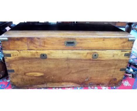 19th Century teak &amp; camphor wood lined campaign trunk, the hinge lidded top with brass recessed handle hinged to reveal a