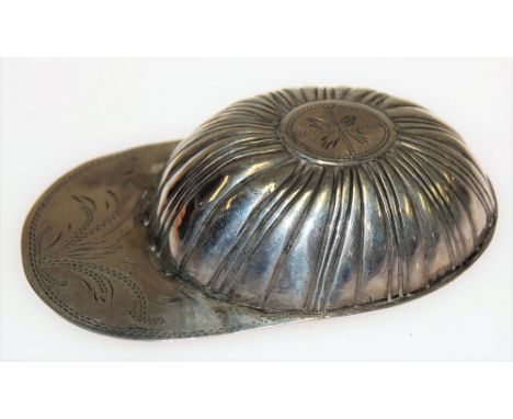 George III silver jockey cap caddy spoon with fluted and bright cut engraved decoration, maker TP London 1800, length 5.5cm.