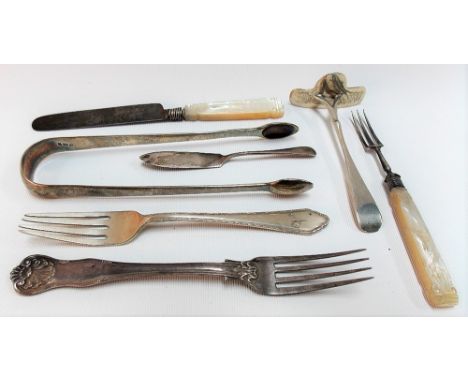 Miscellaneous silver, to include a pair of George III sugar tongs, Victorian Kings pattern dessert fork and five other items,
