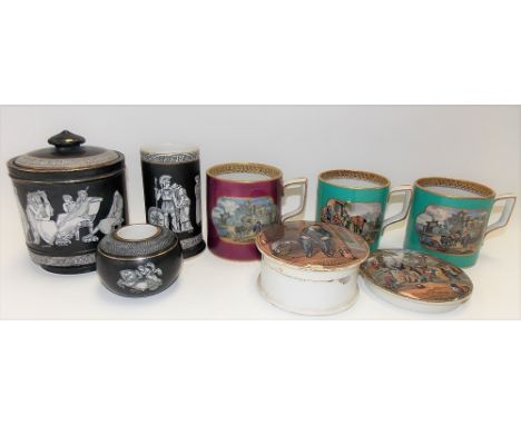 Collection of prattware including three mugs, a pot and pot lid and a Greek design tobacco jar, strike and vase (8).