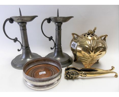 Miscellaneous metals including an oriental brass censor cast as a cabbage, the lid wih snail finial, height 15cm, a silver pl