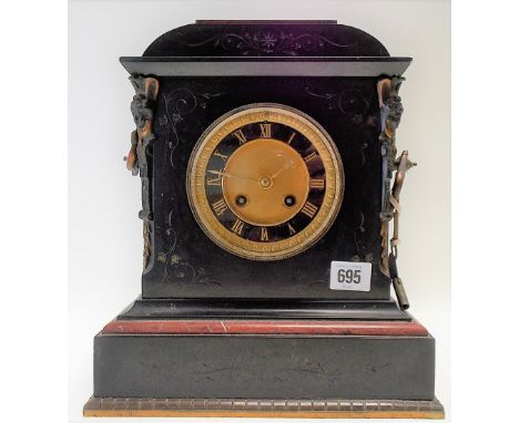 Victorian block slate &amp; red marble two-train mantel clock, height 30cm