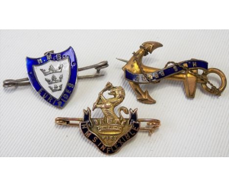 9ct gold and enamel 'HMS Inflexible' sweetheart brooch, weight 3g approx; together with two other Naval metal and enamel swee