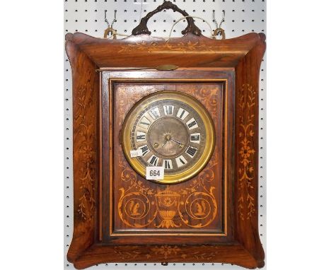 19th Century Dutch rosewood marquetry inlaid two-train wall clock, the 5 inch silvered dial with enamel Roman numerals, the c