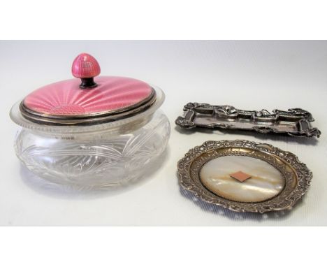 Art Deco silver and pink guilloche enamel lid cut glass powder pot, Birmingham 1933, diameter 10cm; together with an Arts and