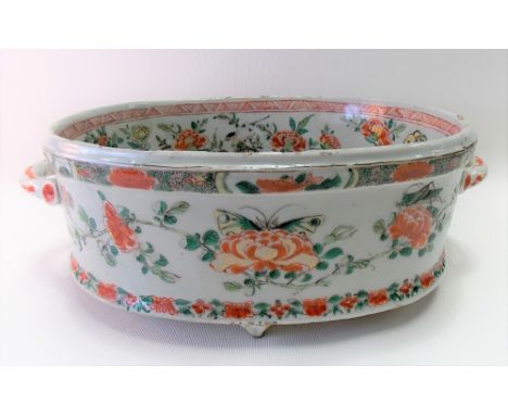 18th Century Chinese famille verte oval twin handled tureen base enamel painted with exotic birds &amp; butterflies amongst c
