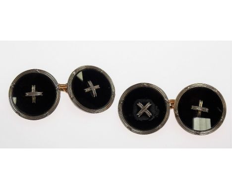 Pair of 9ct and 18ct white gold faced black enamel chain link cufflinks, weight 5.8g approx.
