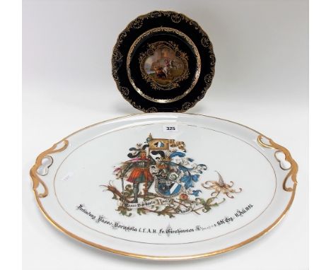 Late 19th Century German porcelain oval twin handled platter by Possneck, armorial decorated with a standing armoured knight 