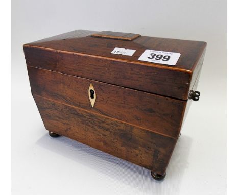 Regency rosewood veneered box strung tea caddy, the hinge lid revealing two compartments (one lid missing), width 18cm (AF)