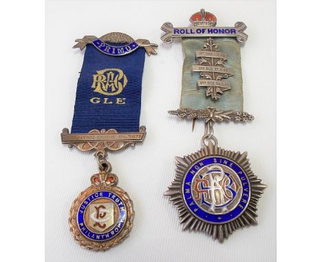 Two silver &amp; enamel Masonic jewels, one 1930's, the other 1960's &amp; on ribbons