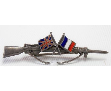 Early 20th Century white metal &amp; enamel sweetheart brooch in the form of a rifle with the Union Jack &amp; French flag