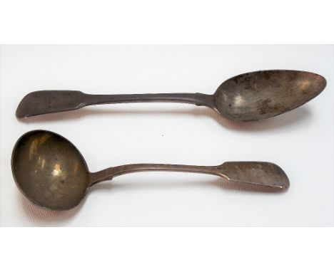 George III fiddle pattern tablespoon, London 1812, together with a Victorian silver sauce ladle, London 1861, weight overall 