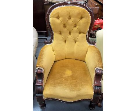 Victorian mahogany frame salon armchair with button upholstered back &amp; upholstered arms &amp; seat upon baluster turned l