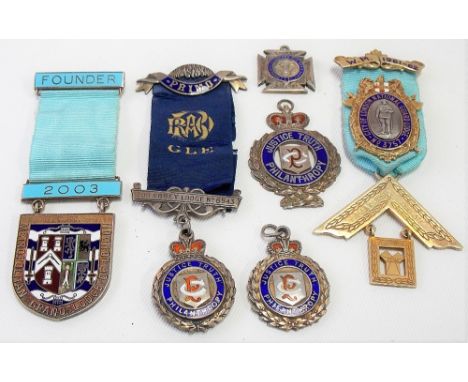 Two Masonic silver gilt &amp; enamel City of London jewels; together with four silver &amp; enamel Buffalo Lodge jewels (6)