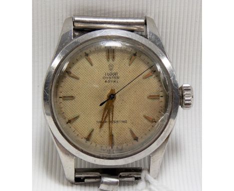 Tudor oyster Royal stainless steel gentleman's wristwatch with textured silvered dial and gilt button markers and hands, Ref.