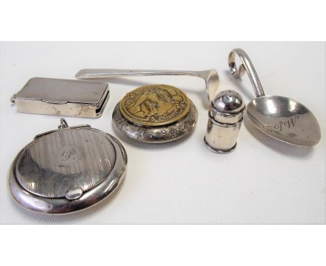 Silver engine turned compact together with a silver miniature pepper shaker, silver hinge lidded fob coin case (interior miss