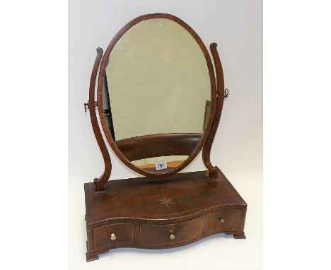 George III mahogany inlaid swivel toilet mirror, the oval boxwood &amp; ebony inlaid swivel mirror upon shaped supports, the 