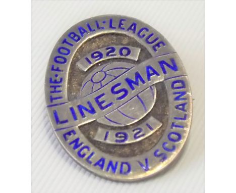 1920's silver and enamel football league England v Scotland linesman badge dated 1921, maker V&amp;S, Birmingham 1920.