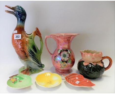 Two Carlton Ware leaf moulded Australian design dishes together with a 1930's pottery duck shaped gargling jug &amp; two othe