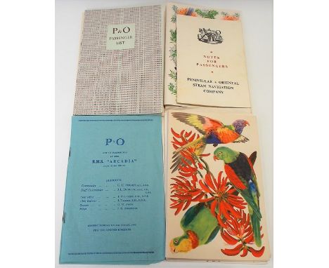 A collection of P&amp;O S.S. Arcadia menus printed with exotic birds together with passenger lists etc